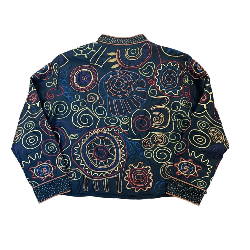 Chicos‎ Black Embroidered Silk Jacket Women Size 8 Ornate Swirls Beaded Collar - Picture 2 of 10